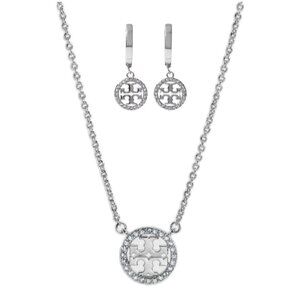 Tory Burch Silver Miller Logo Pave Chainlink Necklace & Dangle Earring Set